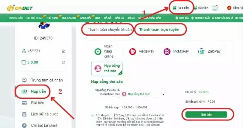 Onbet 8 Các bước tham gia nạp tiền tại nhà cái